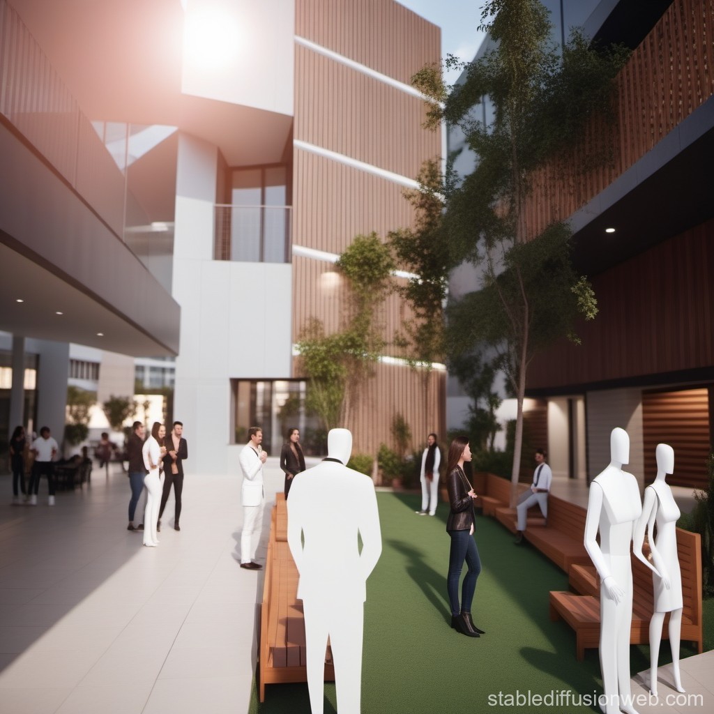 Modern Outdoor Courtyard with People and Mannequins