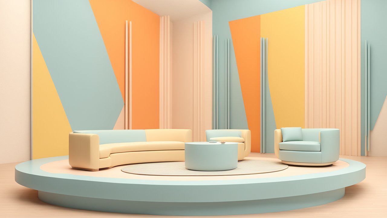 Modern Pastel Living Room with Curved Sofa and Armchairs