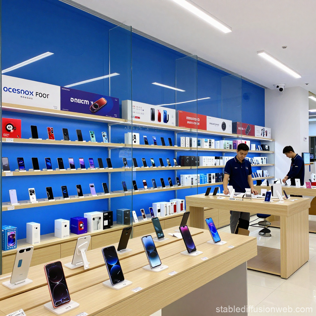 Modern Phone Store Interior with Displayed Smartphones