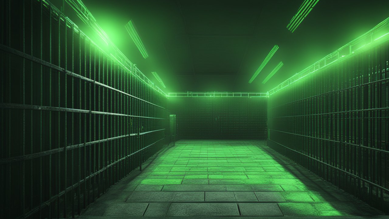 Modern Prison Corridor with Green Neon Lighting