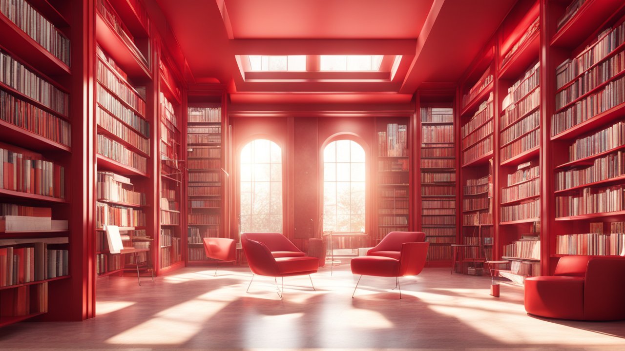 Modern Red Library Interior with Sunlit Seating Area