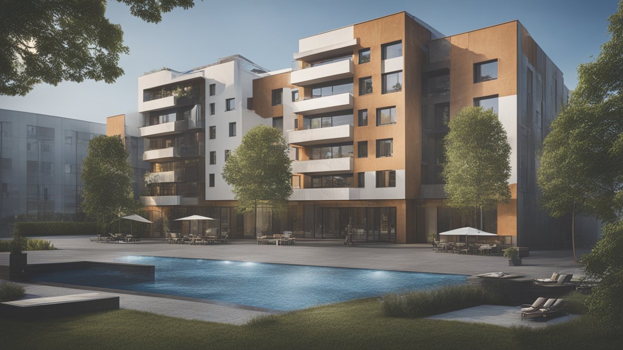 Modern Residential Building with Pool and Outdoor Seating