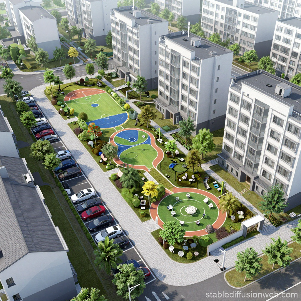 Modern Residential Complex with Colorful Outdoor Recreation Area