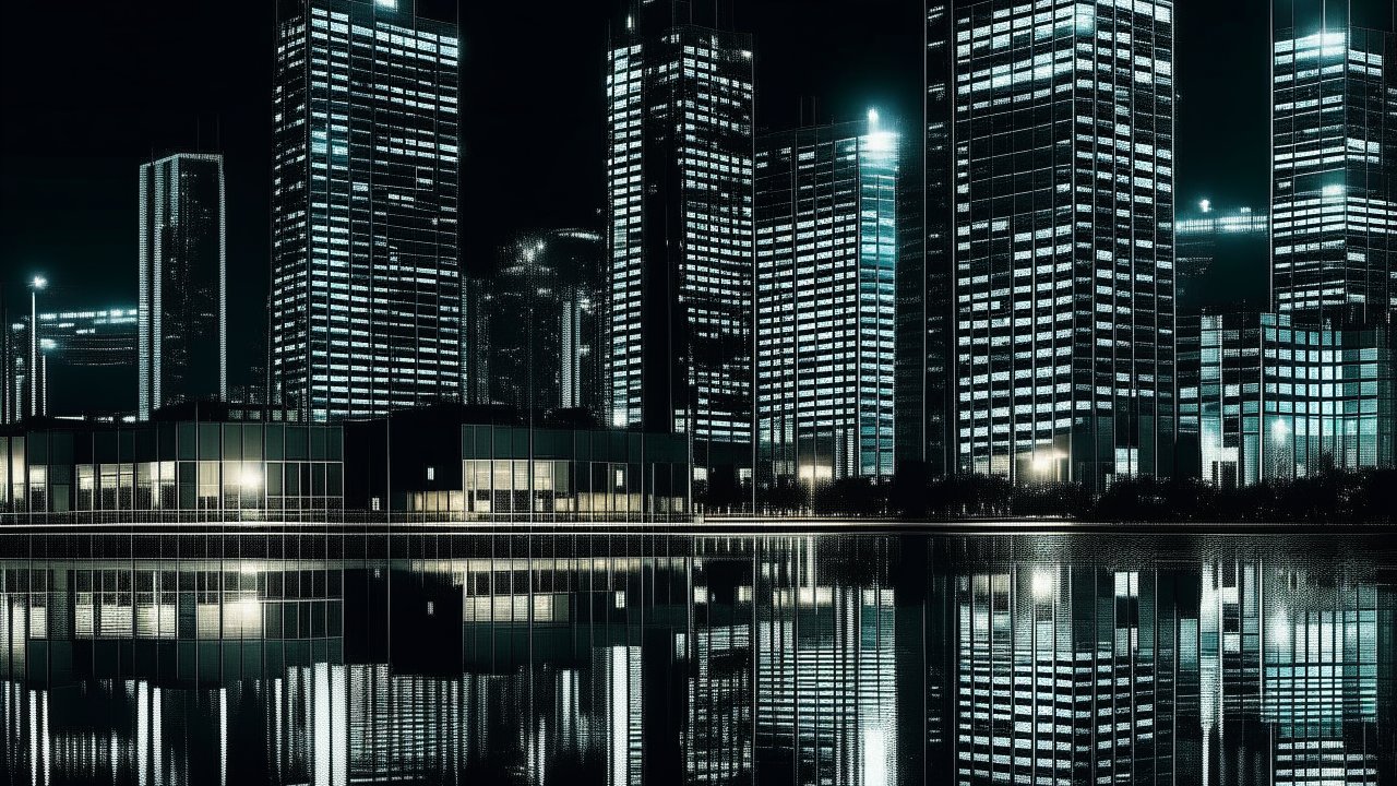Modern Skyscrapers Reflecting on Water at Night
