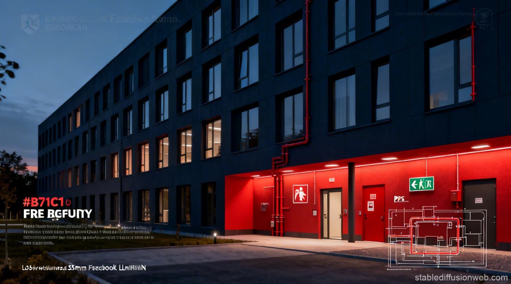 Modern Slovak Building Exterior at Dusk with Red Accents