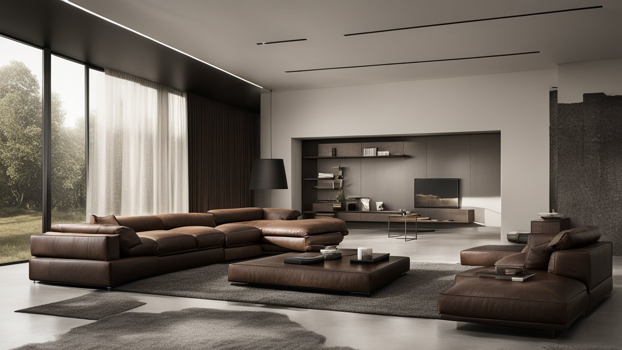 Modern Spacious Living Room with Brown Leather Furniture