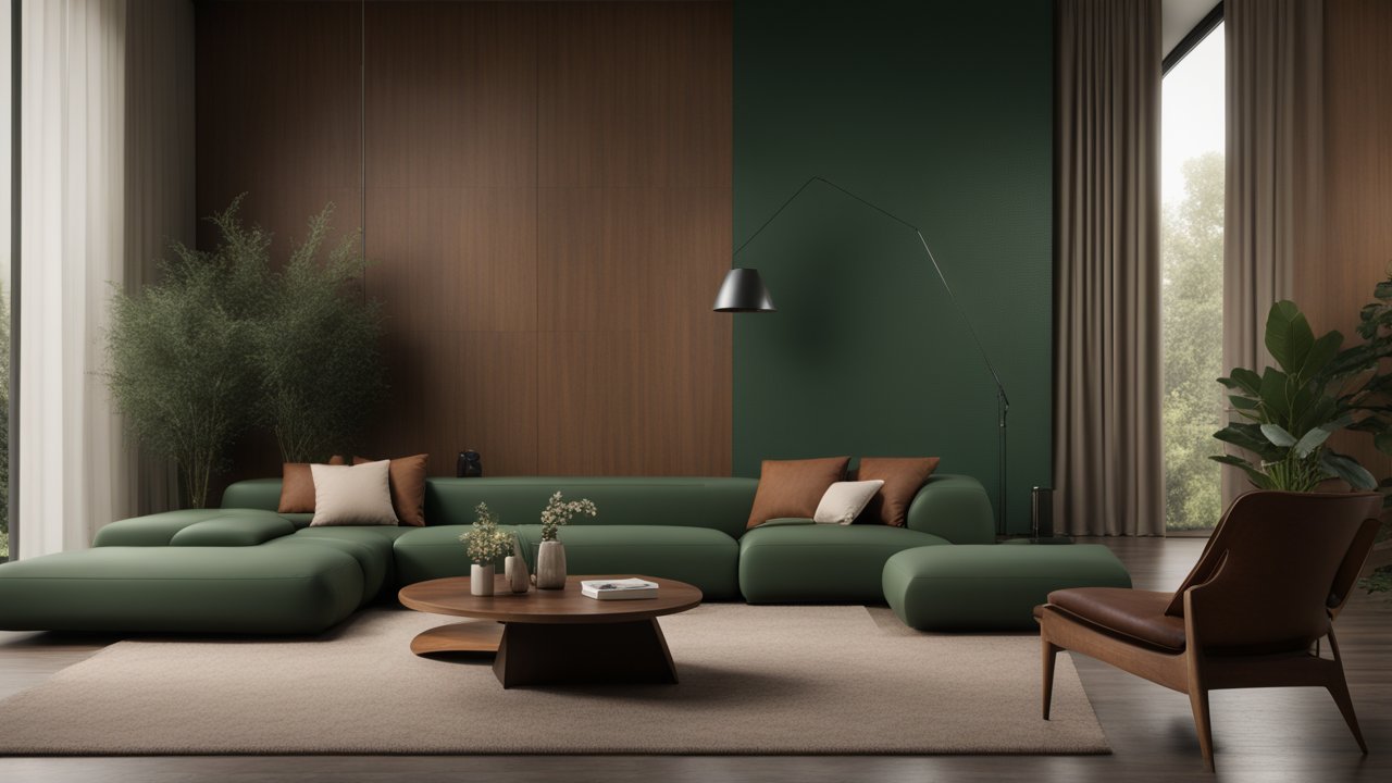 Modern Spacious Living Room with Green Sofa and Wooden Accents