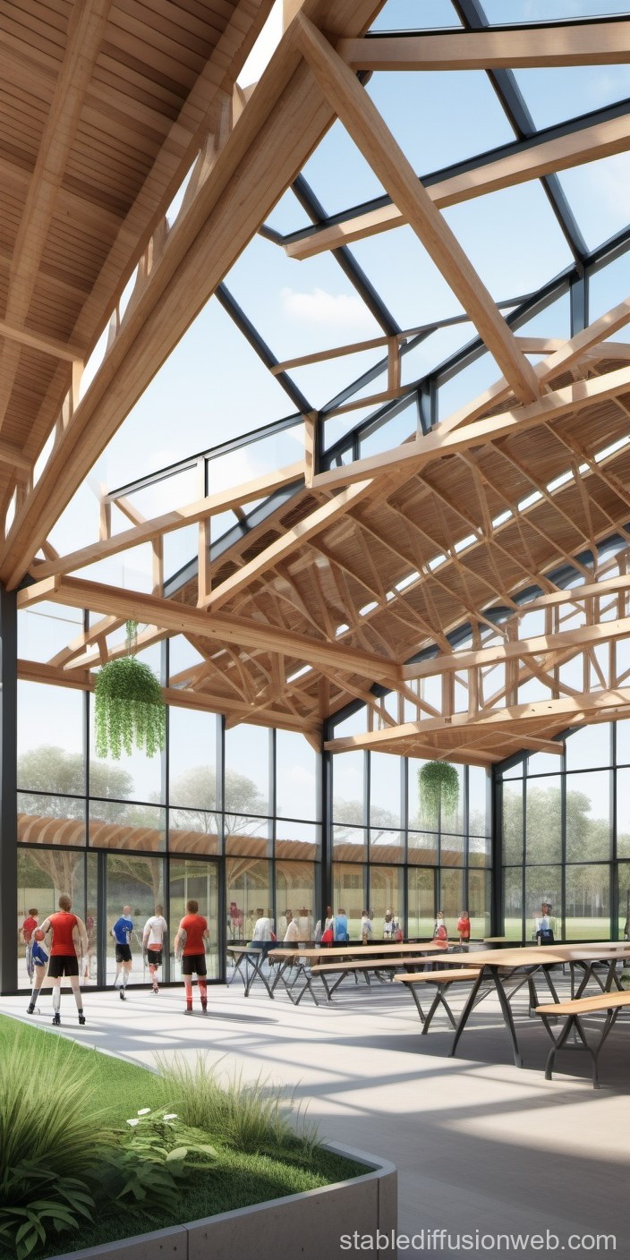 Modern Sports Facility with Wooden Roof and Glass Walls