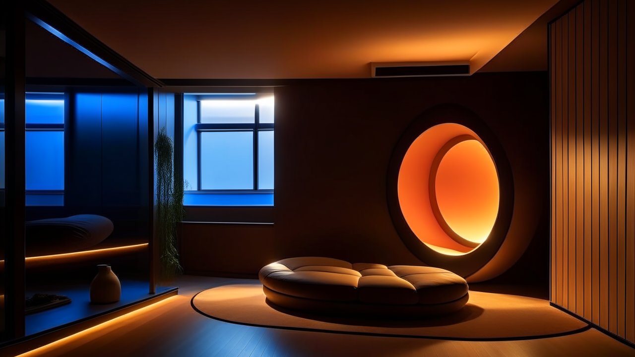 Modern Studio Gym Interior with Circular Lounge and Ambient Lighting