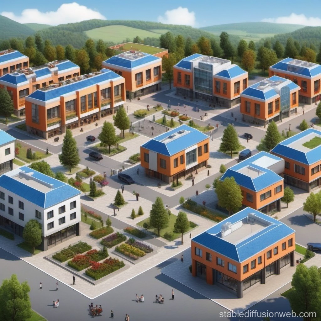 Modern Suburban Community with Blue Roofs and Green Spaces