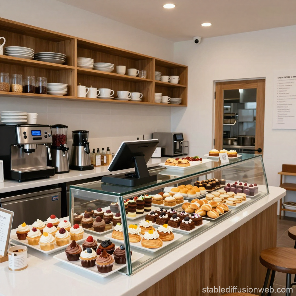 Modern Sweet Shop Counter with Assorted Pastries and Coffee Machines