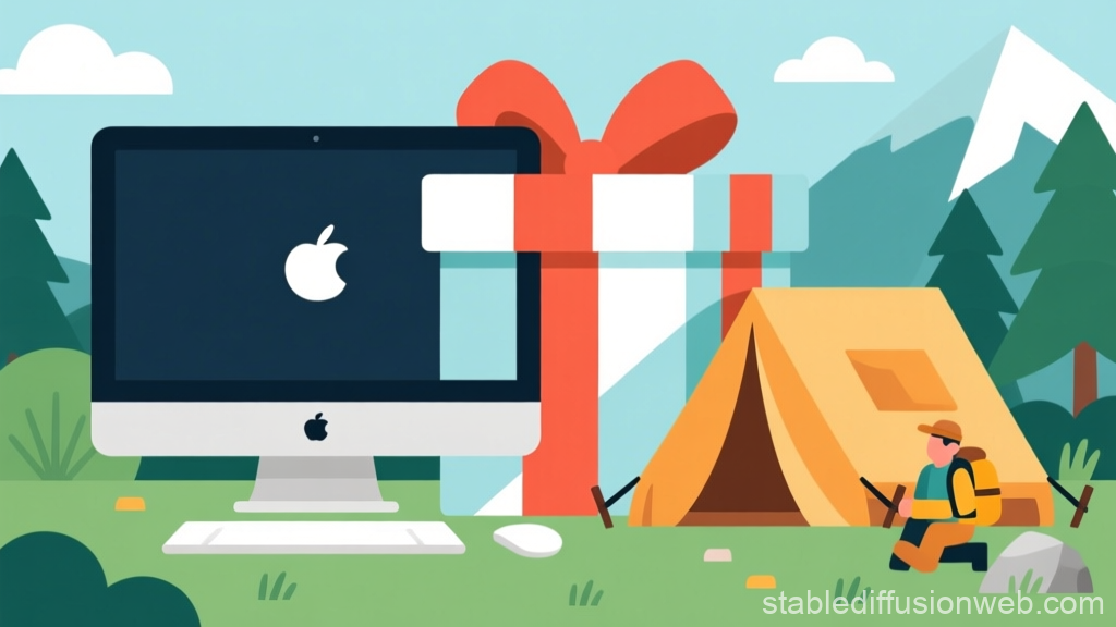 Modern Tech Gift Concept with Camping Scene Illustration