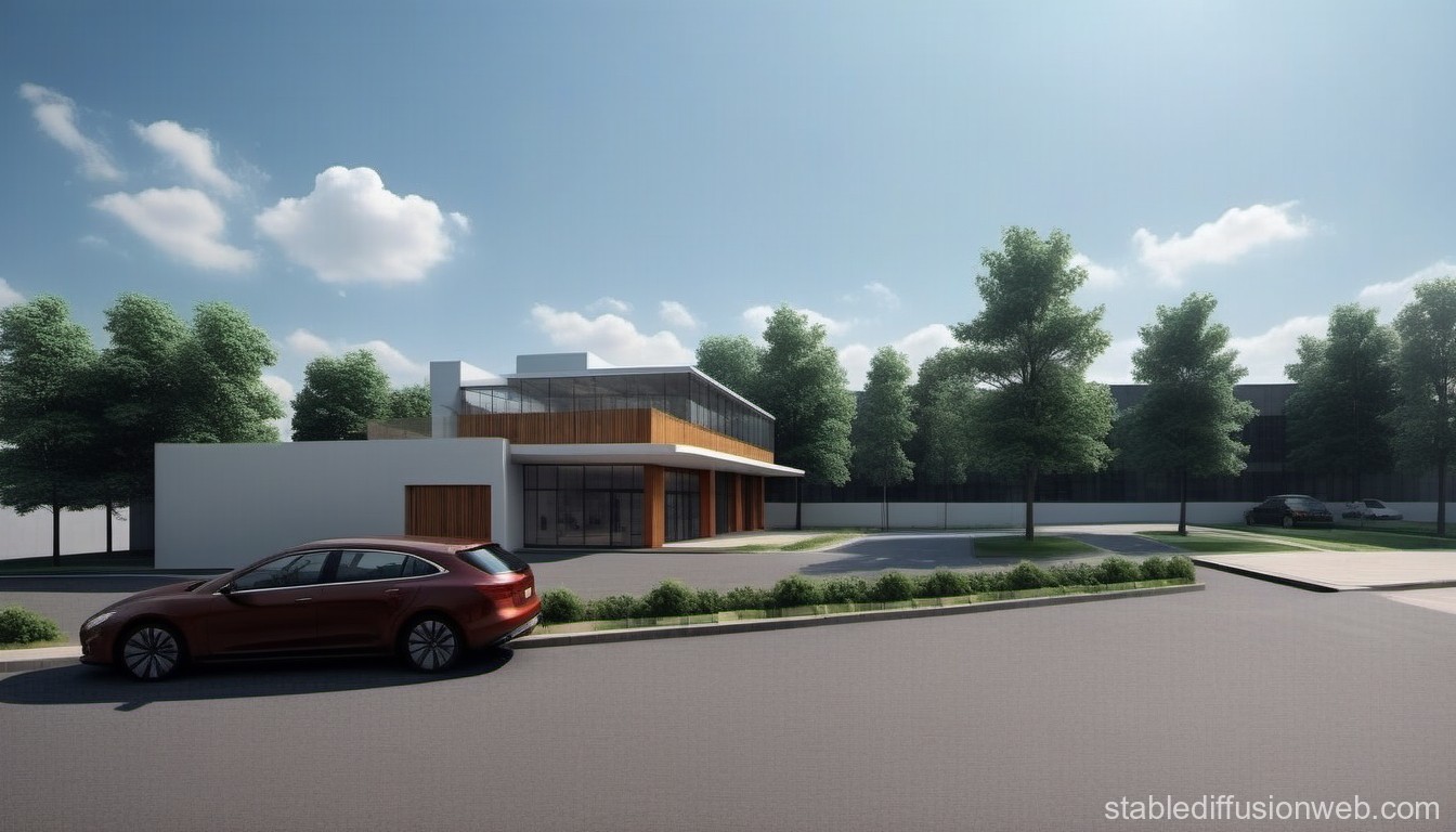 Modern Two-Story Building with Parking and Trees