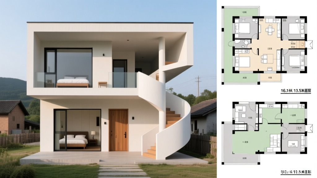 Modern Two-Story House with Spiral Staircase and Floor Plans