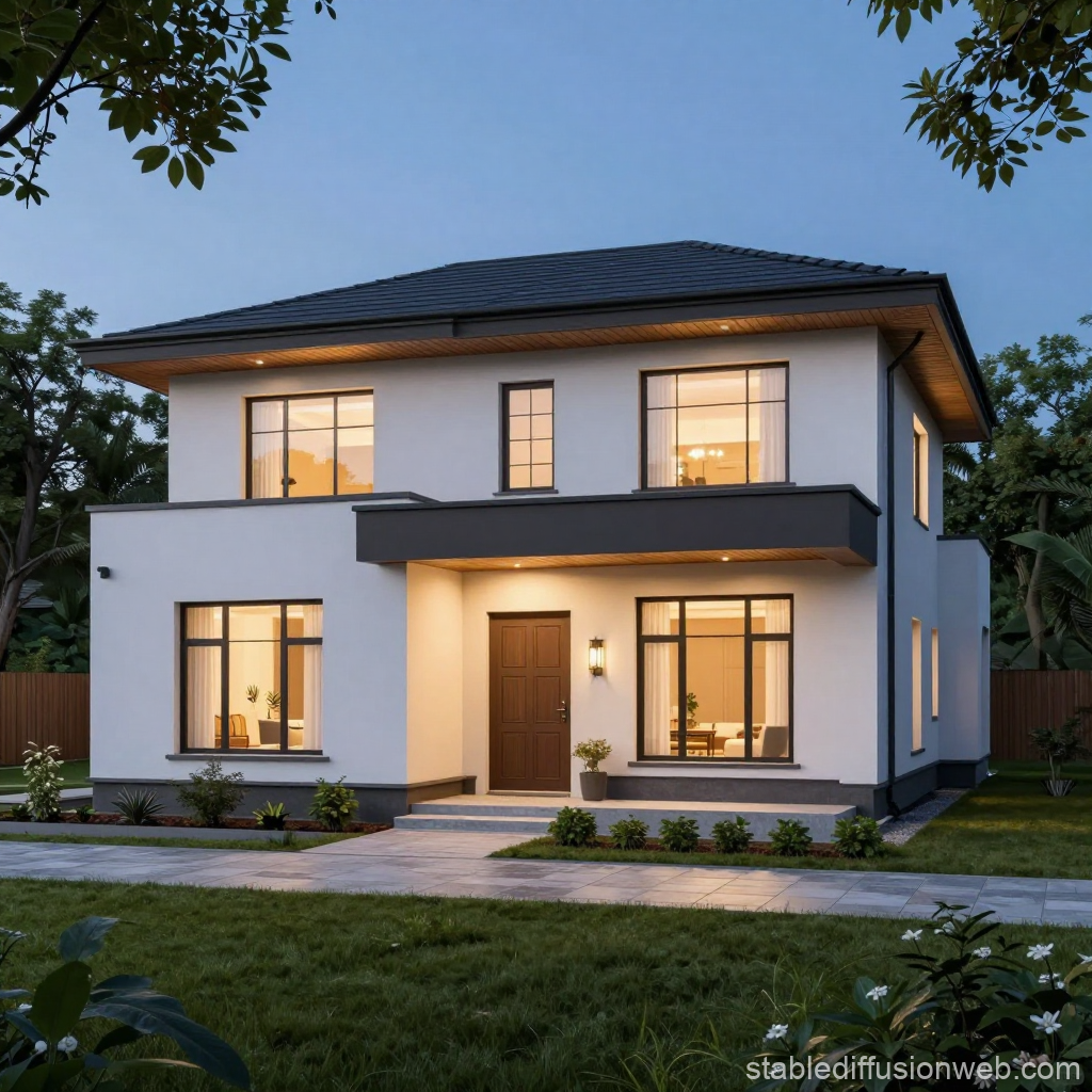 Modern Two-Story House with Warm Lighting at Dusk