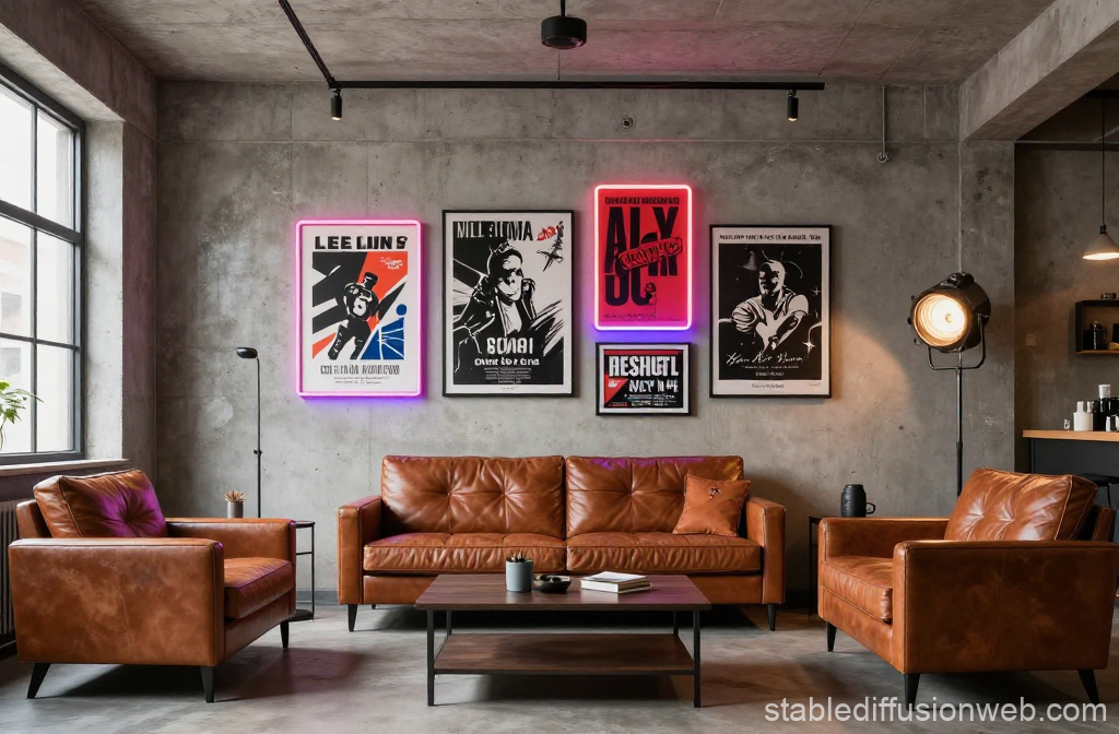 Modern Urban Living Room with Leather Furniture and Neon Art