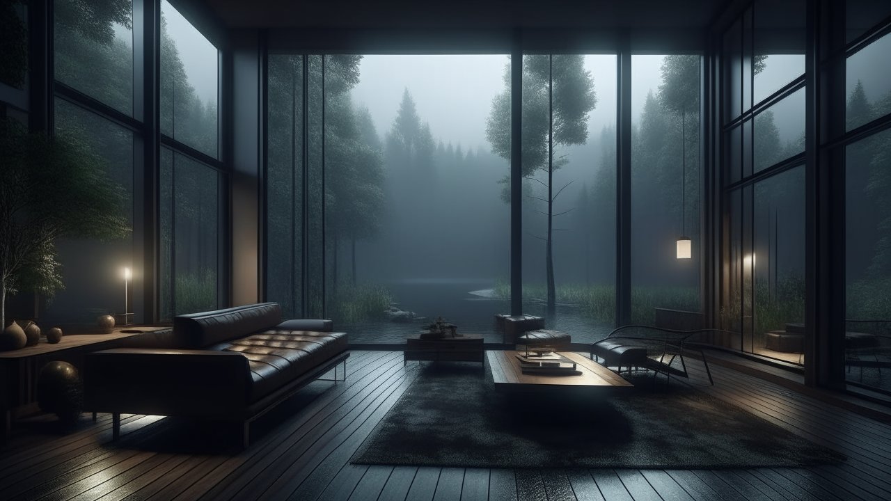 Modern Villa Living Room with Forest View at Dusk