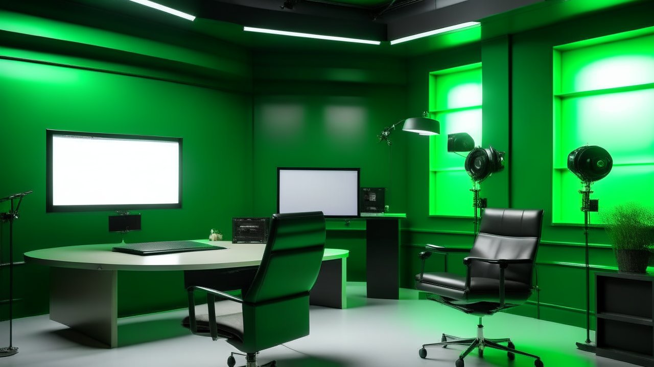 Modern Virtual Sports Studio with Green Walls and Tech Setup