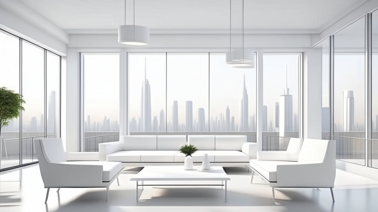 Modern White Conference Room with City Skyline View