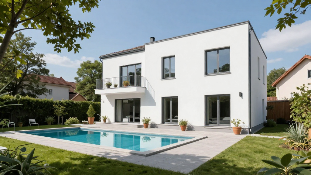 Modern White House with Swimming Pool in Sunny Backyard