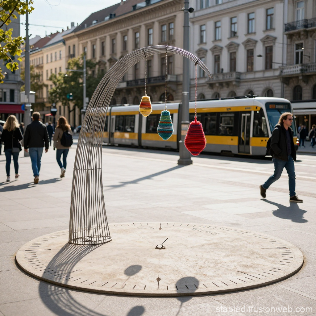 Modern Wire Sculpture with Colorful Hanging Ornaments in Urban Setting