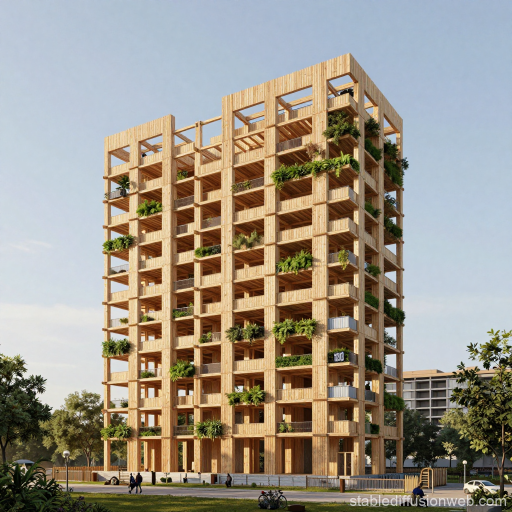 Modern Wooden High-Rise Building with Greenery