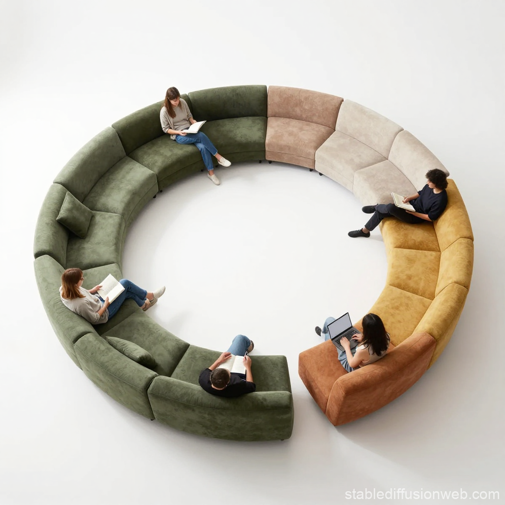 Modular Circular Sofa with People Reading and Working