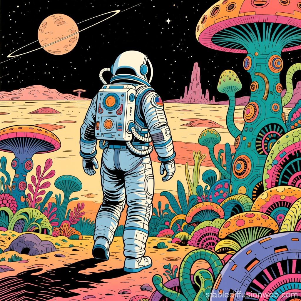 Moebius Style Cosmonaut Exploring an Alien Planet