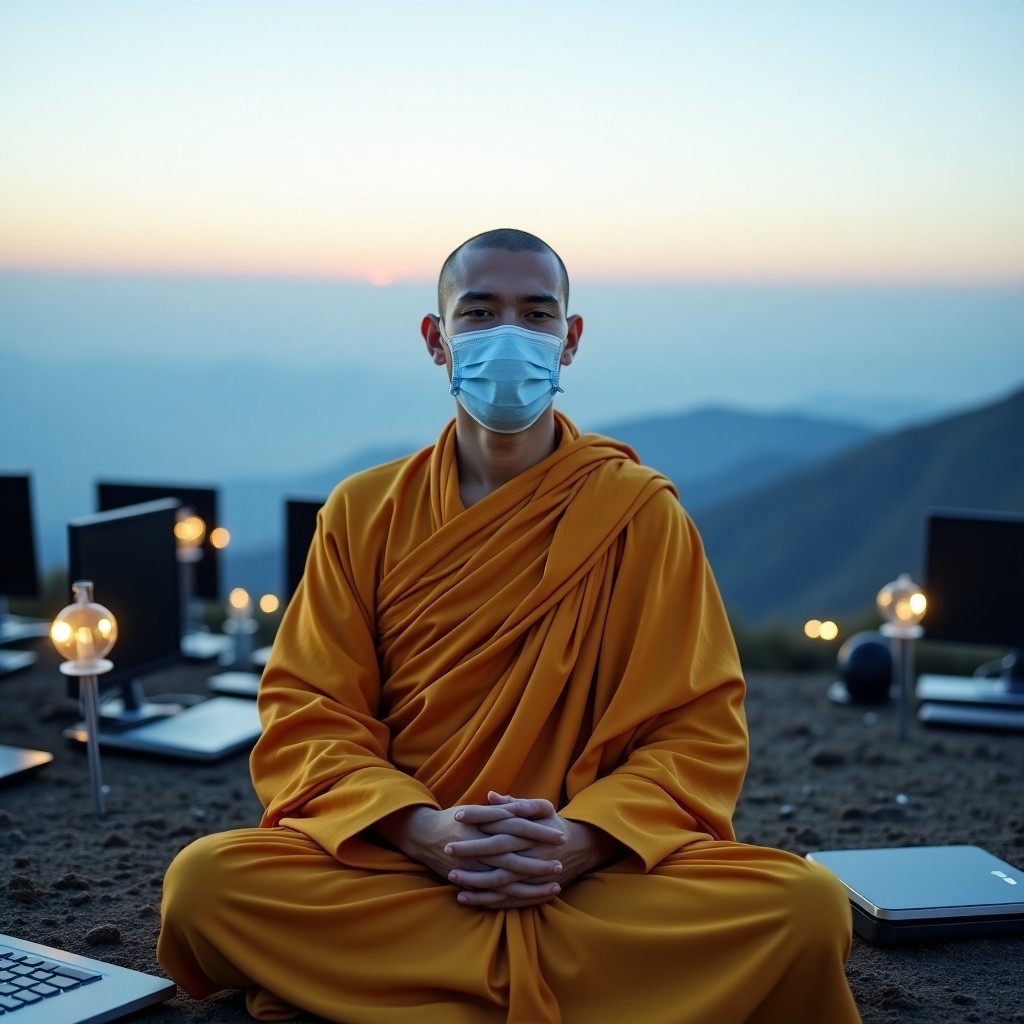 Monk Meditating Outdoors with Laptop and Mask at Sunset