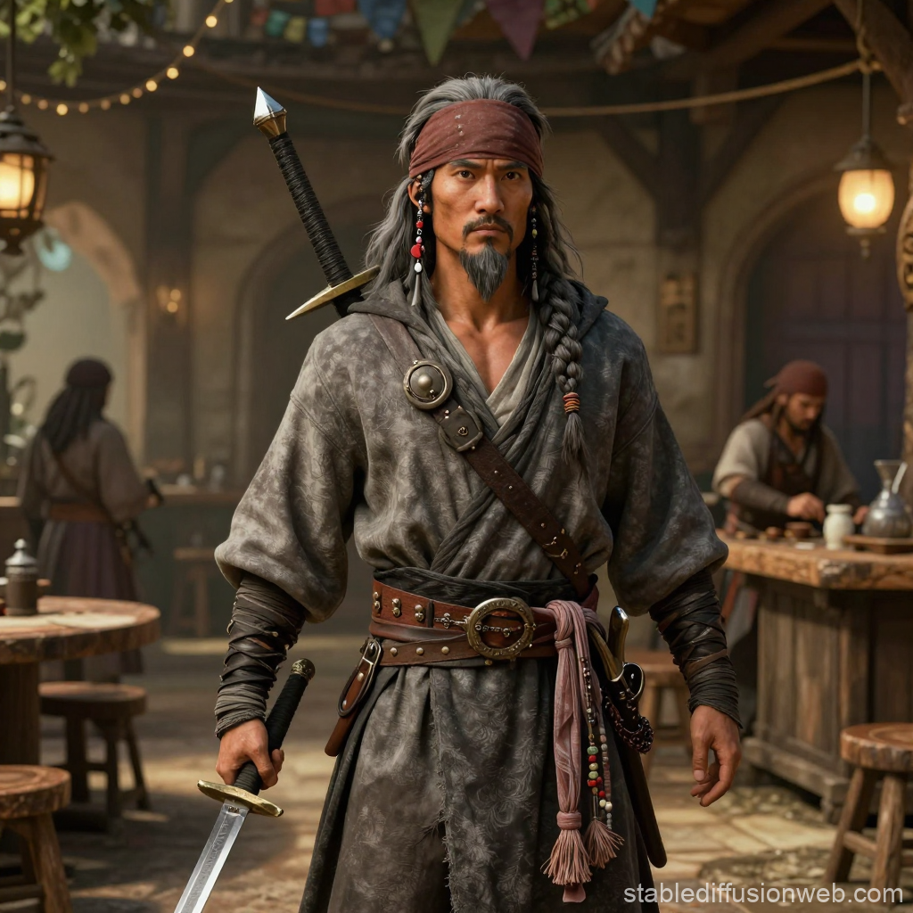 Monk Pirate Warrior in Bustling Tavern