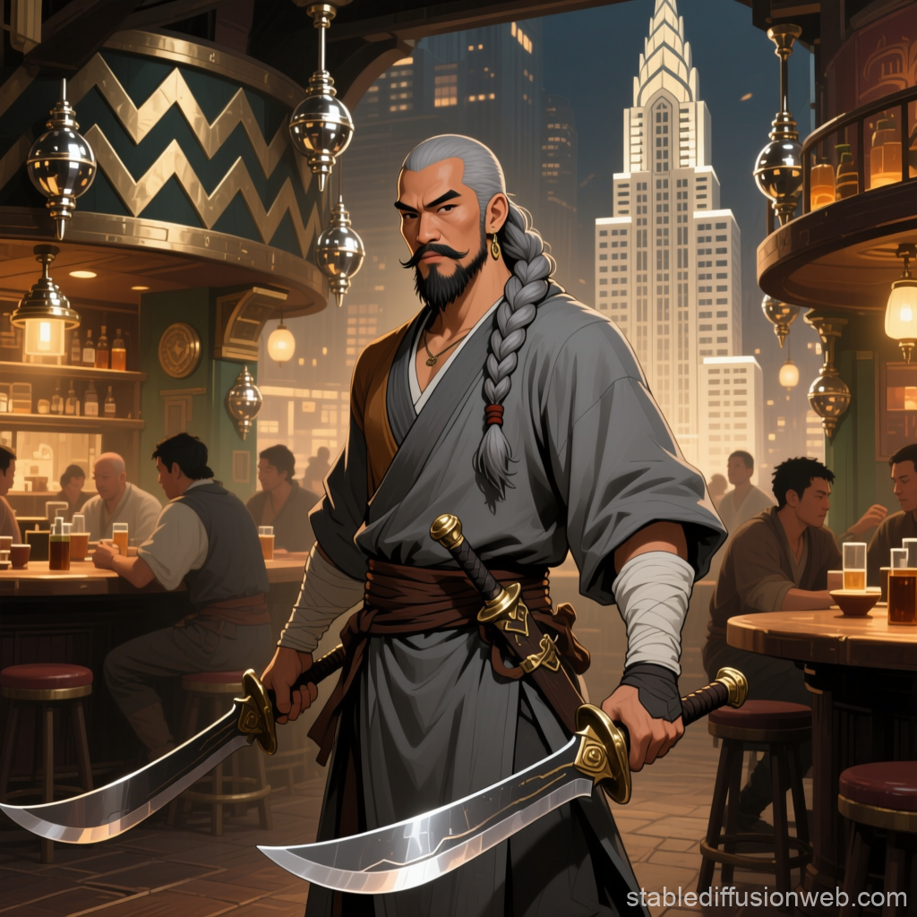 Monk Pirate with Dual Swords in a Bustling Tavern