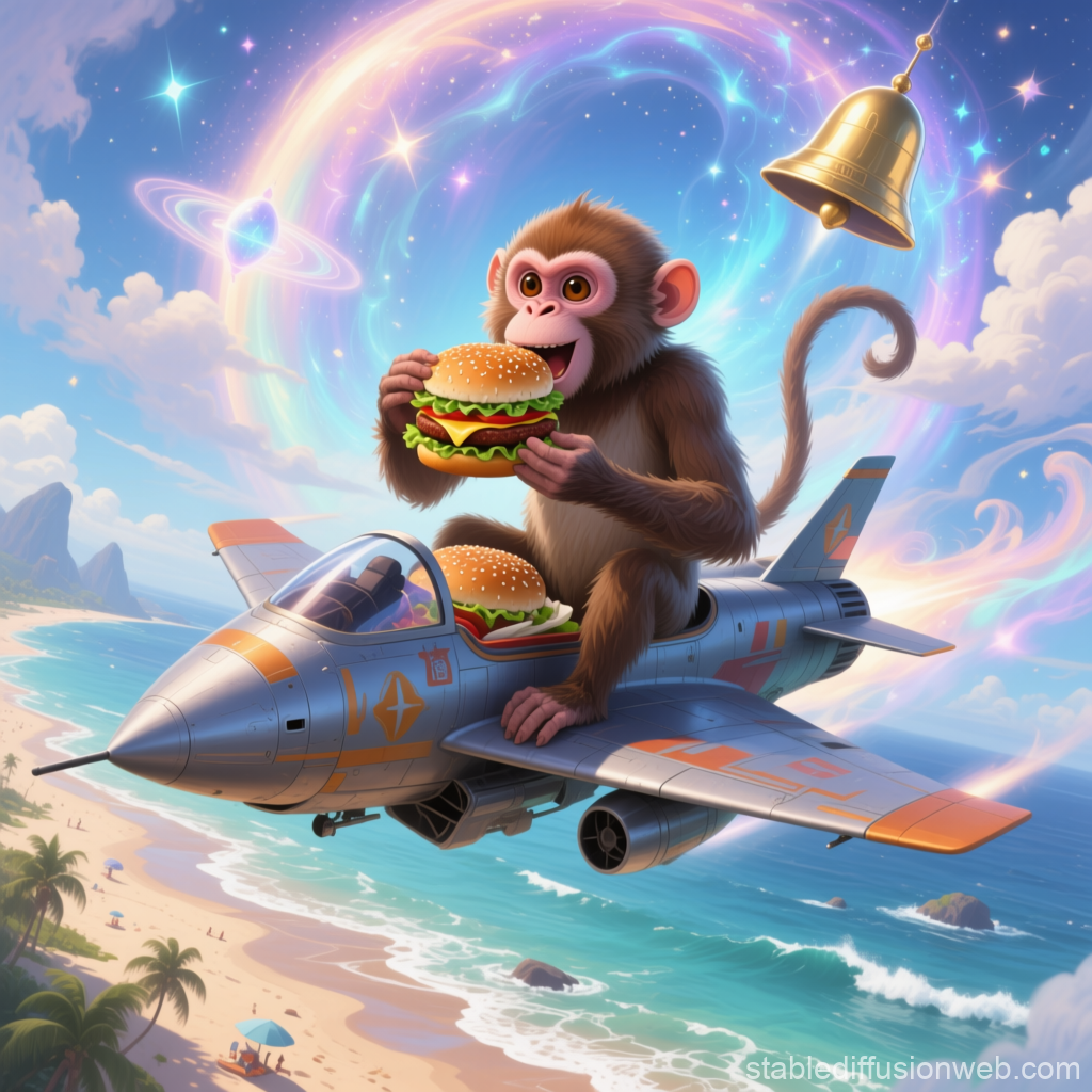 Monkey Enjoying Burgers on a Jet Fighter in a Magical Sky