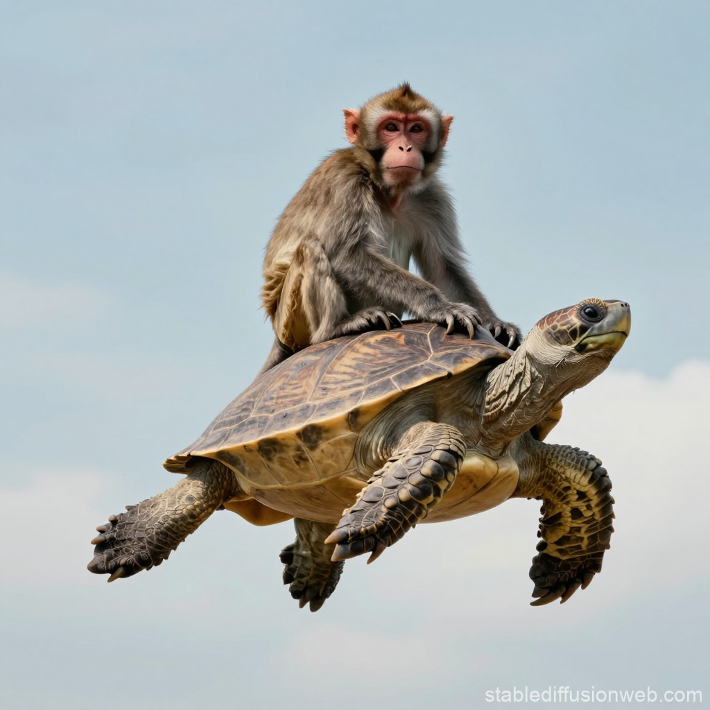 Monkey Riding a Flying Turtle in Clear Sky