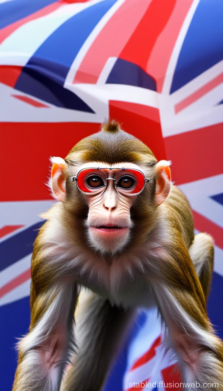 Monkey Wearing Red Glasses with British Flag Background