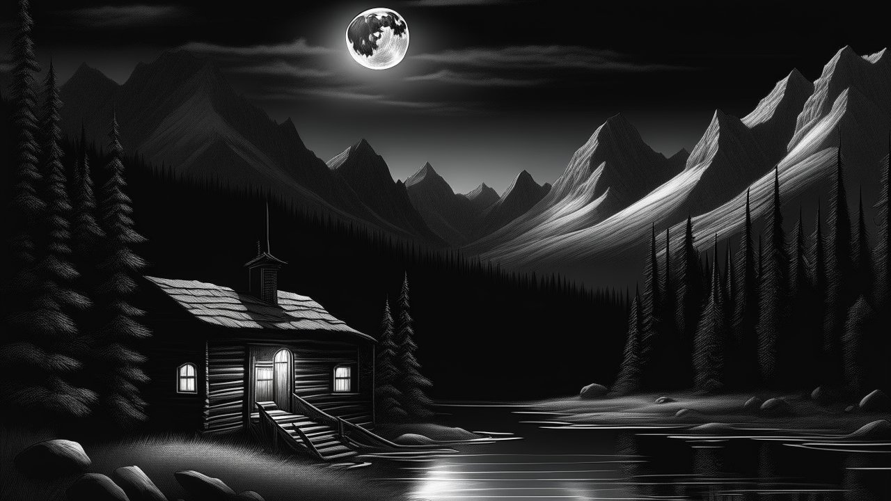 Monochromatic Night Landscape with Cabin and Moon