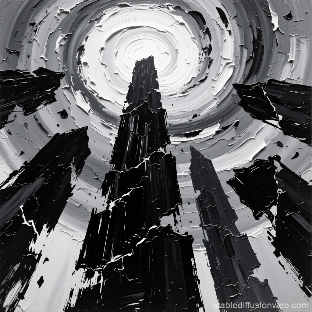 Monochrome Abstract Spiral Vortex with Towering Structures