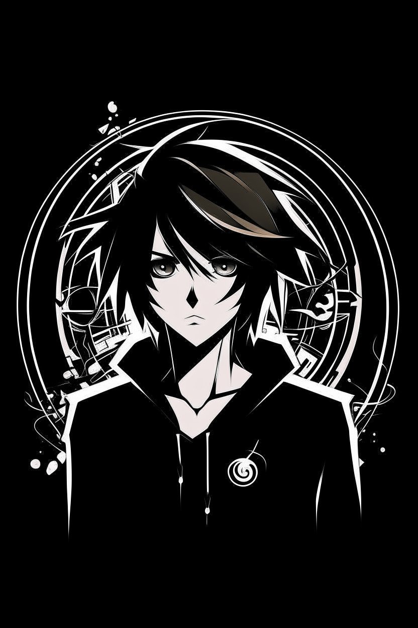 Monochrome Anime Character with Abstract Circular Background