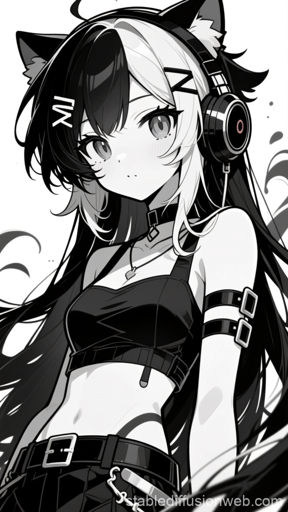 Monochrome Anime Girl with Cat Ears and Headphones