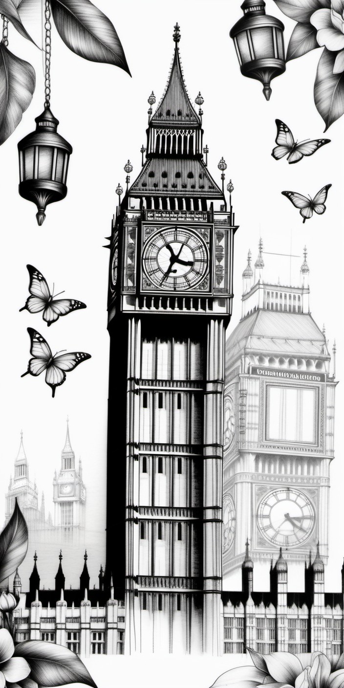 Monochrome Artistic Illustration of Big Ben with Butterflies and Lanterns
