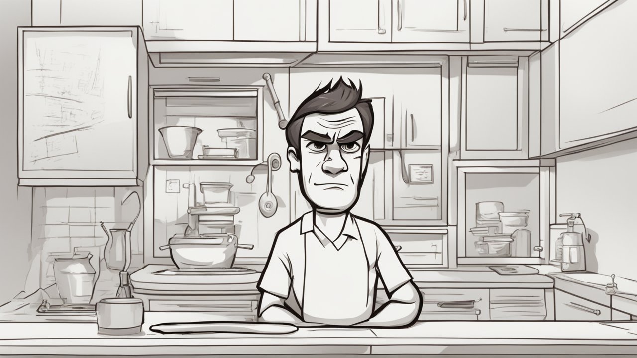 Monochrome Cartoon Character in Kitchen Setting