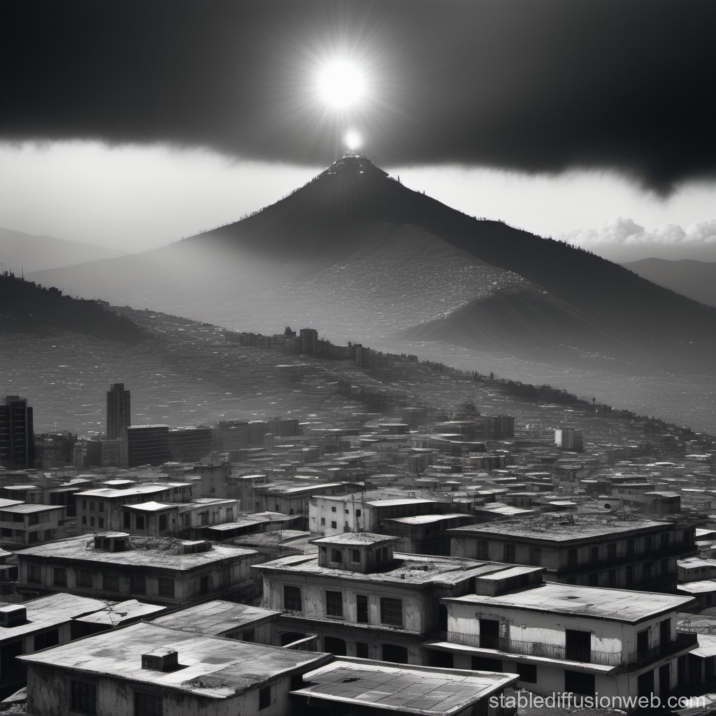 Monochrome Cityscape with Radiant Mountain Peak