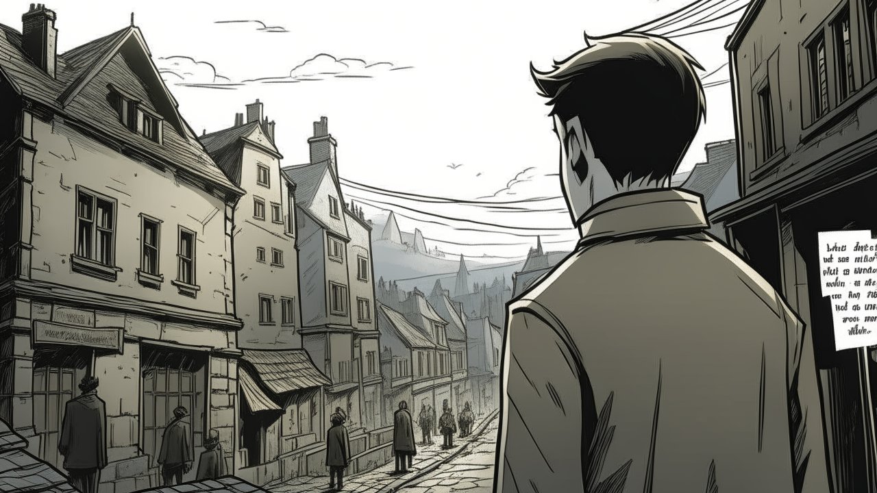 Monochrome Comic Scene of a Man in a Historic Town