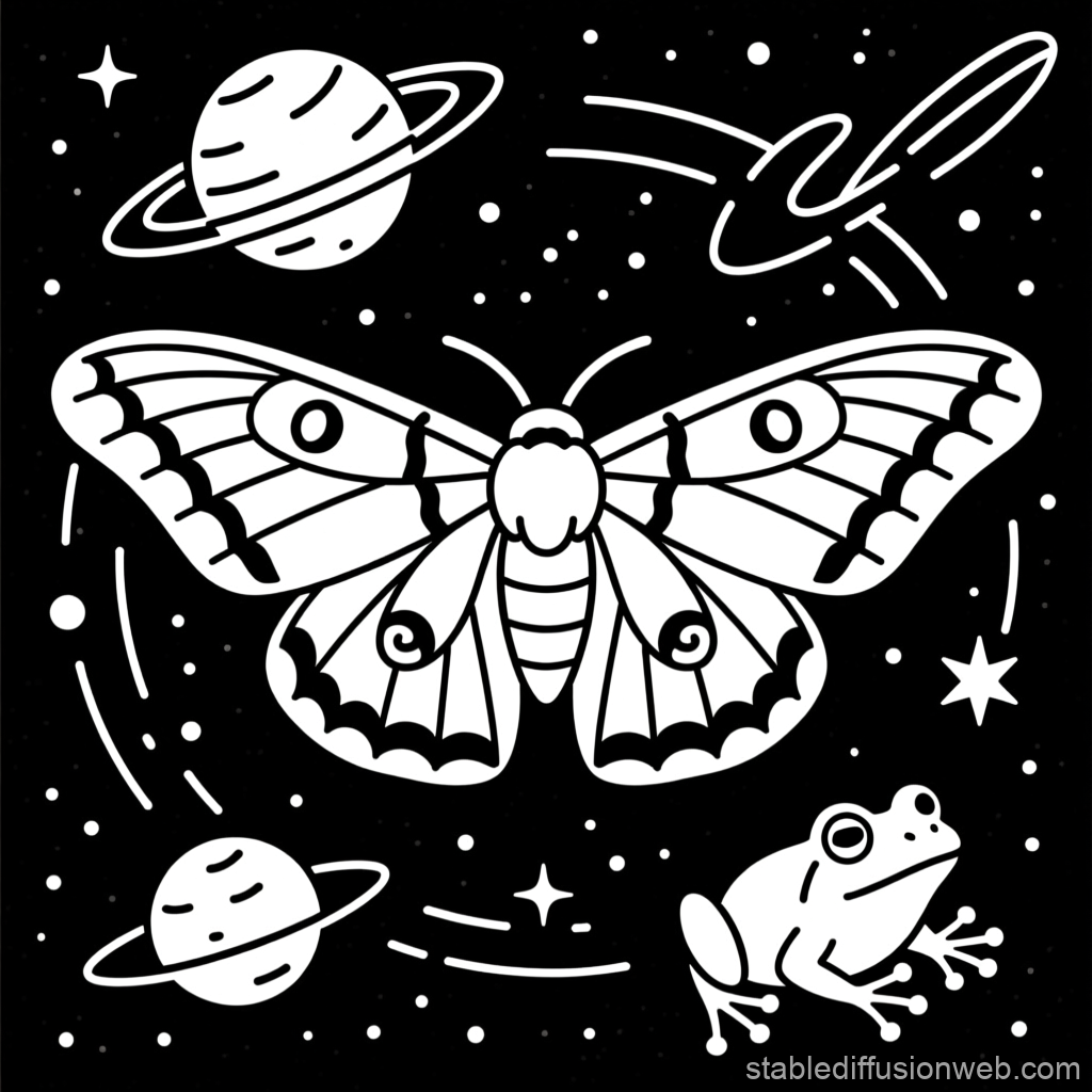 Monochrome Cosmic Moth and Frog in Space