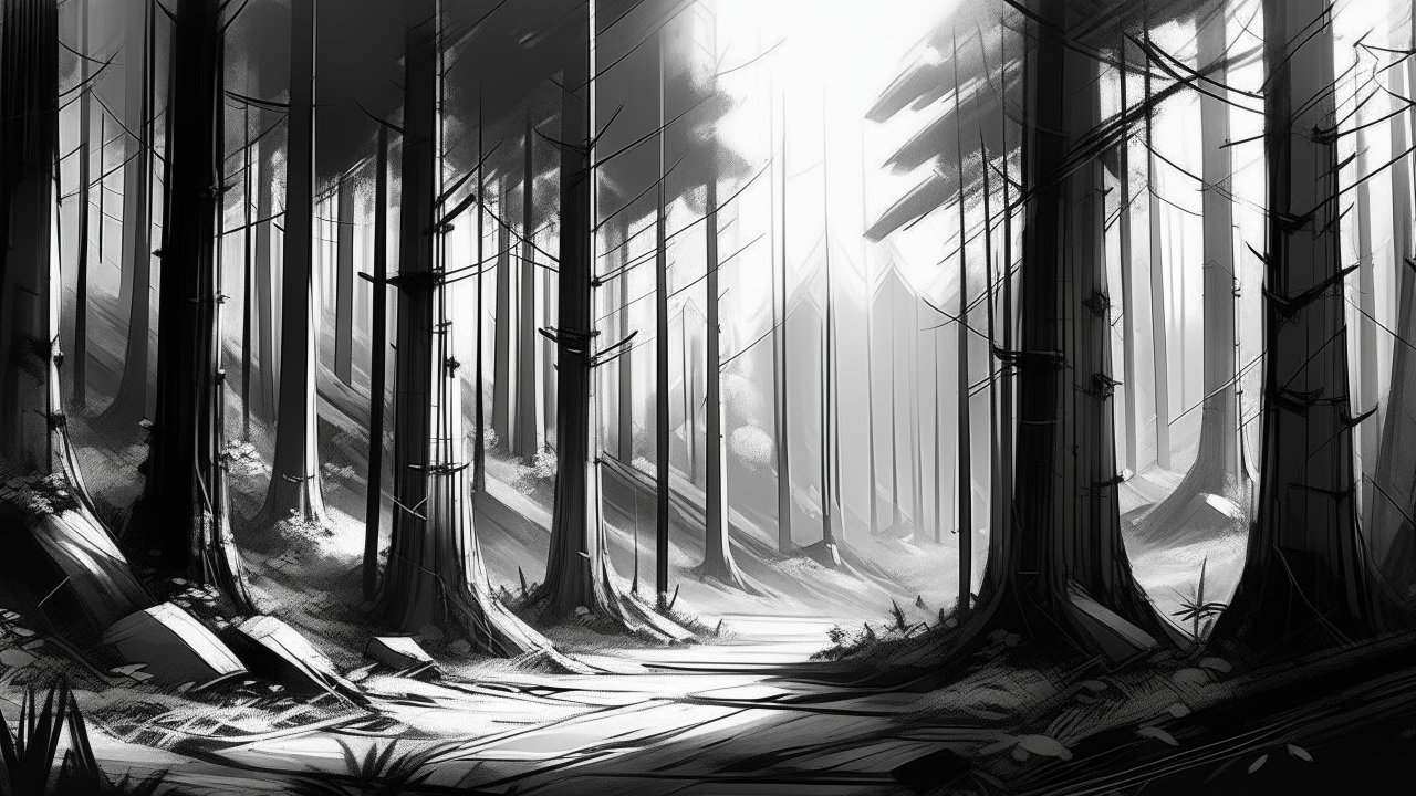 Monochrome Dense Forest Path Sketch