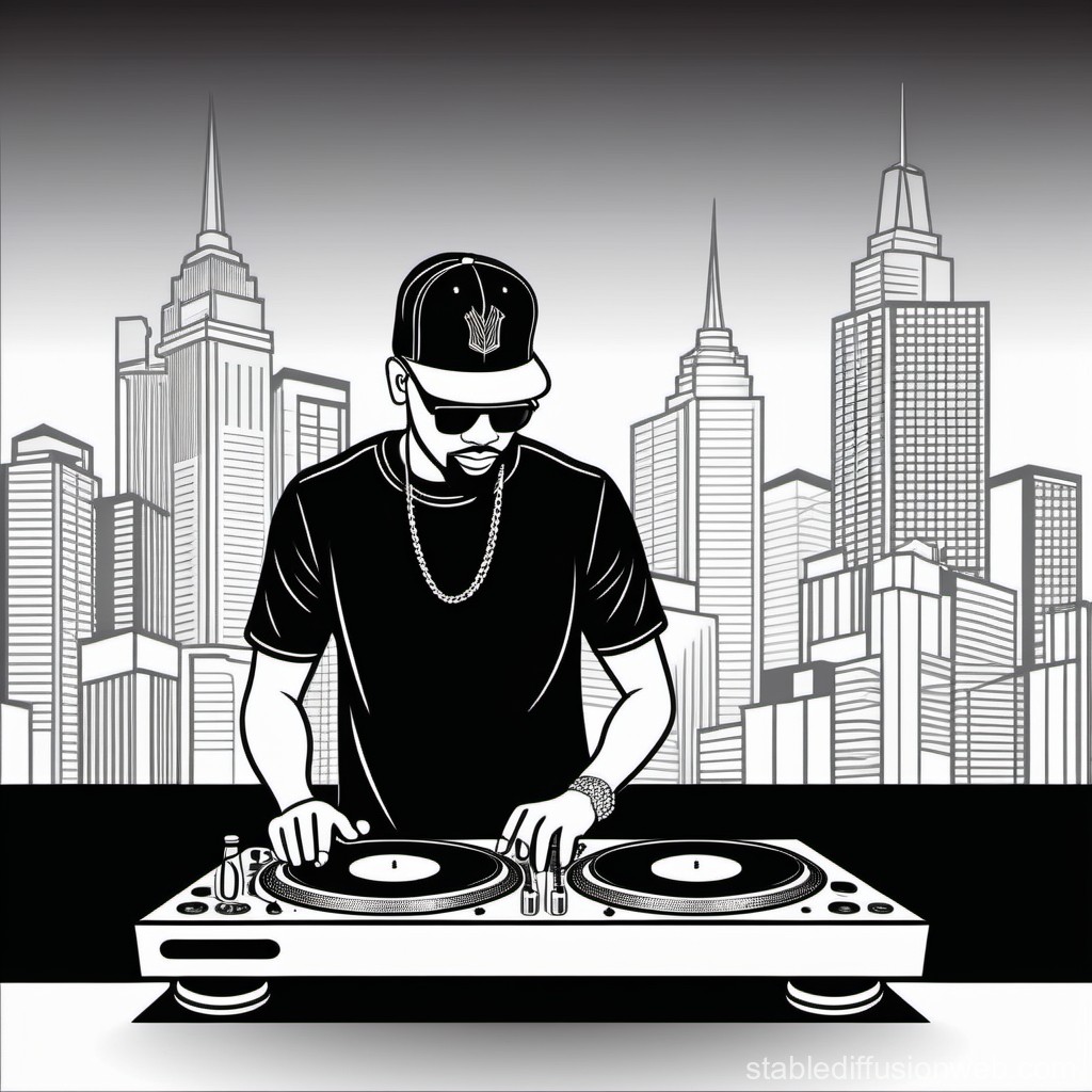 Monochrome DJ Spinning Records in Urban Skyline