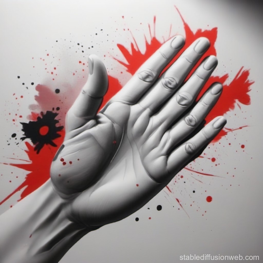 Monochrome Hand with Red and Black Paint Splashes