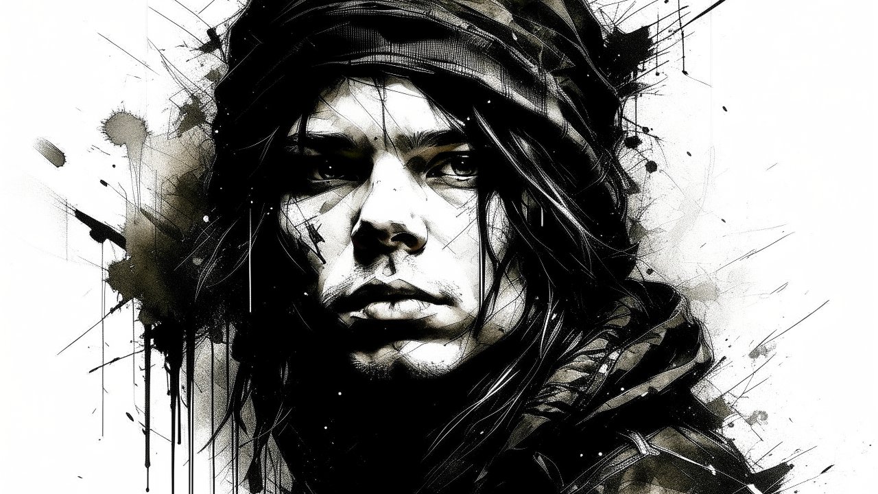 Monochrome Ink Portrait of a Hooded Young Man
