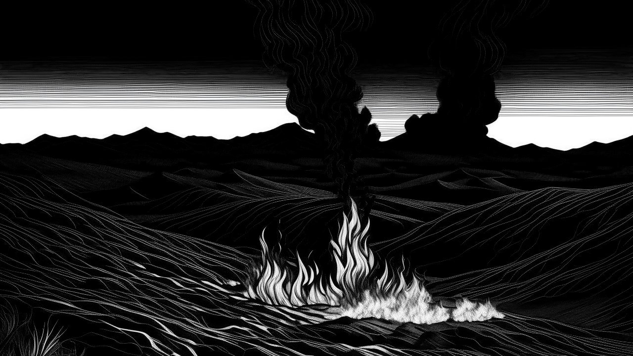 Monochrome Landscape with Fire and Smoke