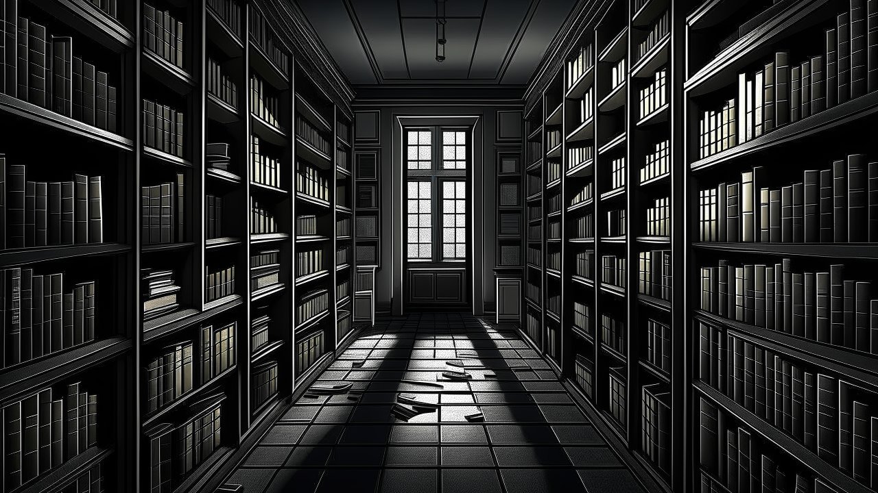 Monochrome Library Corridor with Dramatic Lighting