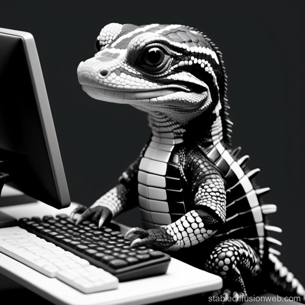 Monochrome Lizard Typing on Computer Keyboard